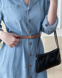 RoseGold Belt Denim Dress 玫瑰金飾扣腰帶輕復古翻領牛仔連身裙/ DS1087