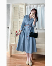 RoseGold Belt Denim Dress 玫瑰金飾扣腰帶輕復古翻領牛仔連身裙/ DS1087