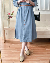 RoseGold Belt Denim Dress 玫瑰金飾扣腰帶輕復古翻領牛仔連身裙/ DS1087
