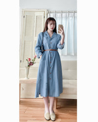 RoseGold Belt Denim Dress 玫瑰金飾扣腰帶輕復古翻領牛仔連身裙/ DS1087