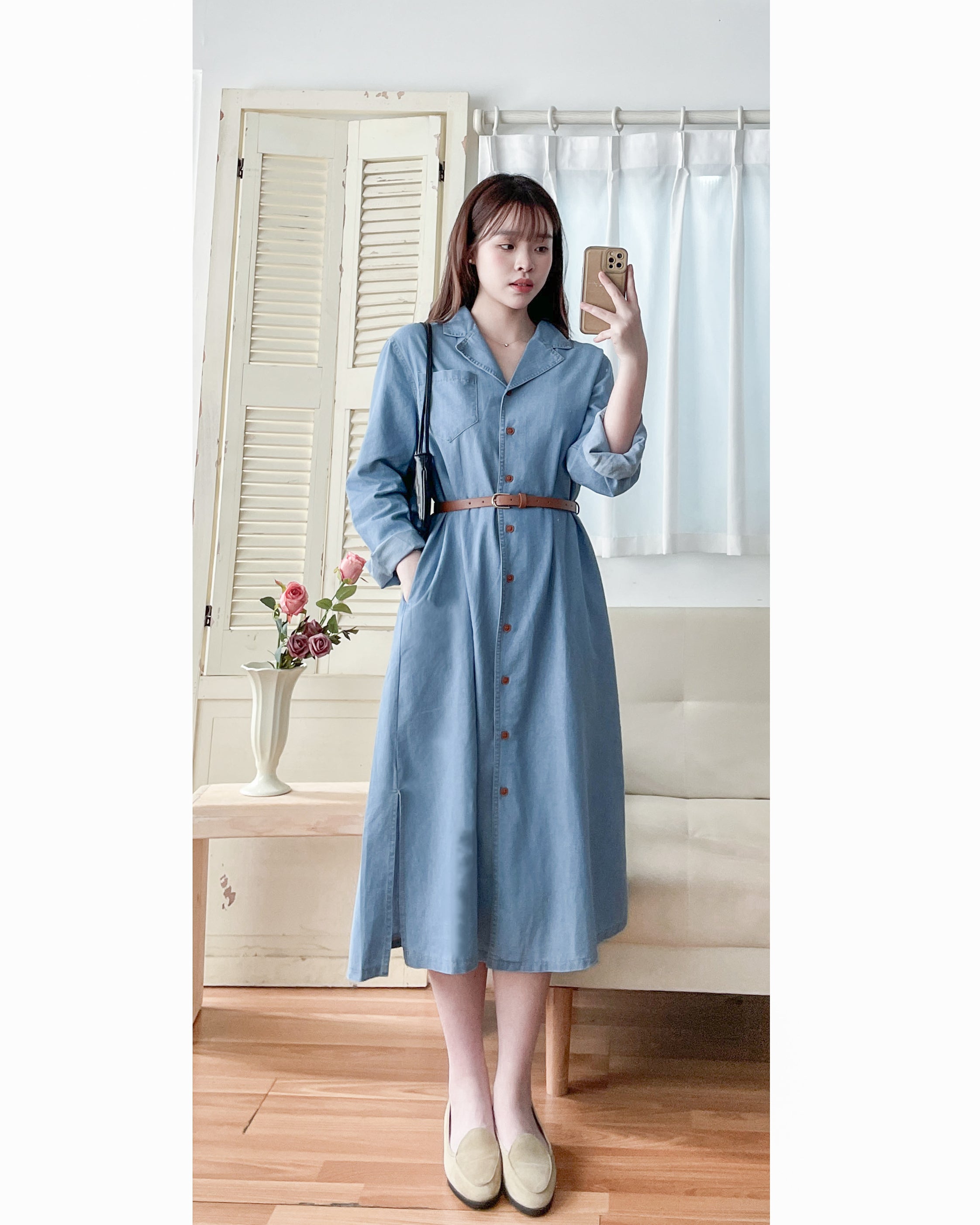 RoseGold Belt Denim Dress 玫瑰金飾扣腰帶輕復古翻領牛仔連身裙/ DS1087