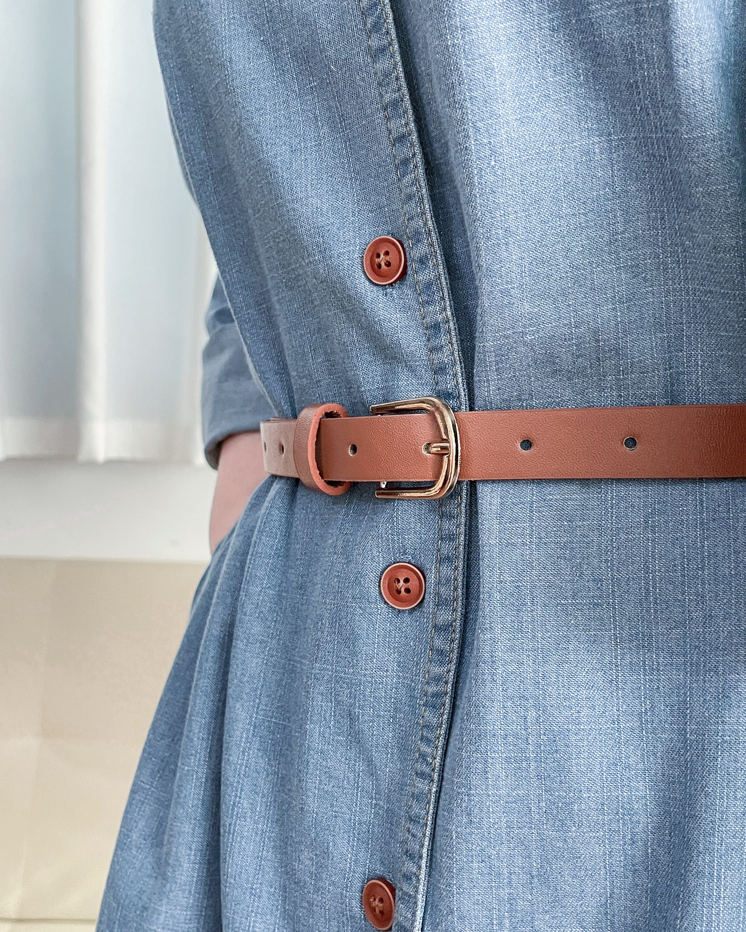 RoseGold Belt Denim Dress 玫瑰金飾扣腰帶輕復古翻領牛仔連身裙/ DS1087