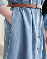 RoseGold Belt Denim Dress 玫瑰金飾扣腰帶輕復古翻領牛仔連身裙/ DS1087