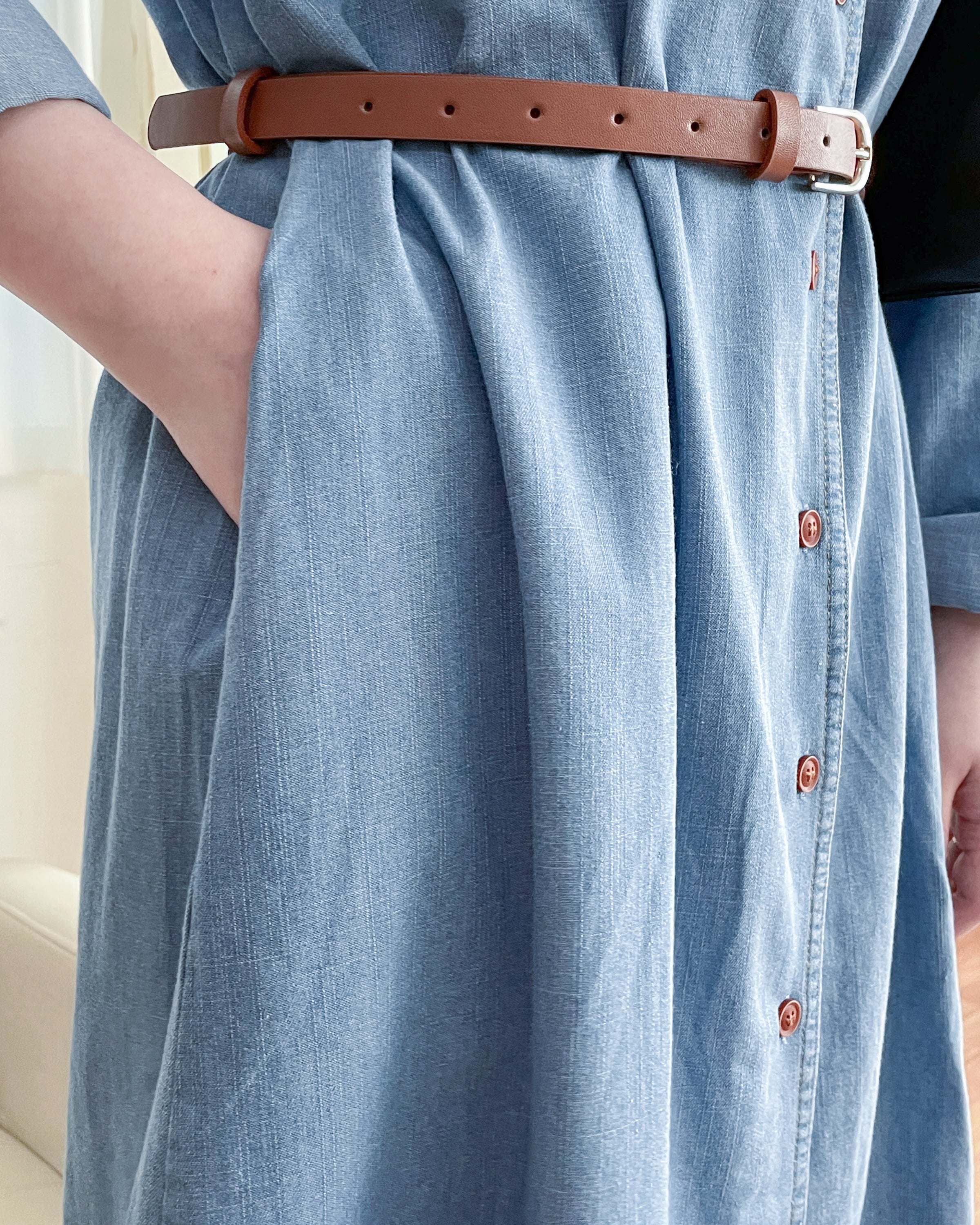 RoseGold Belt Denim Dress 玫瑰金飾扣腰帶輕復古翻領牛仔連身裙/ DS1087