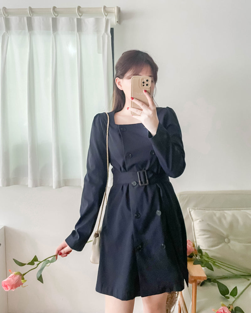 Trench 方領風衣雙排鈕雲石腰帶連身裙, Dress/ DS9333 （navy sold out)