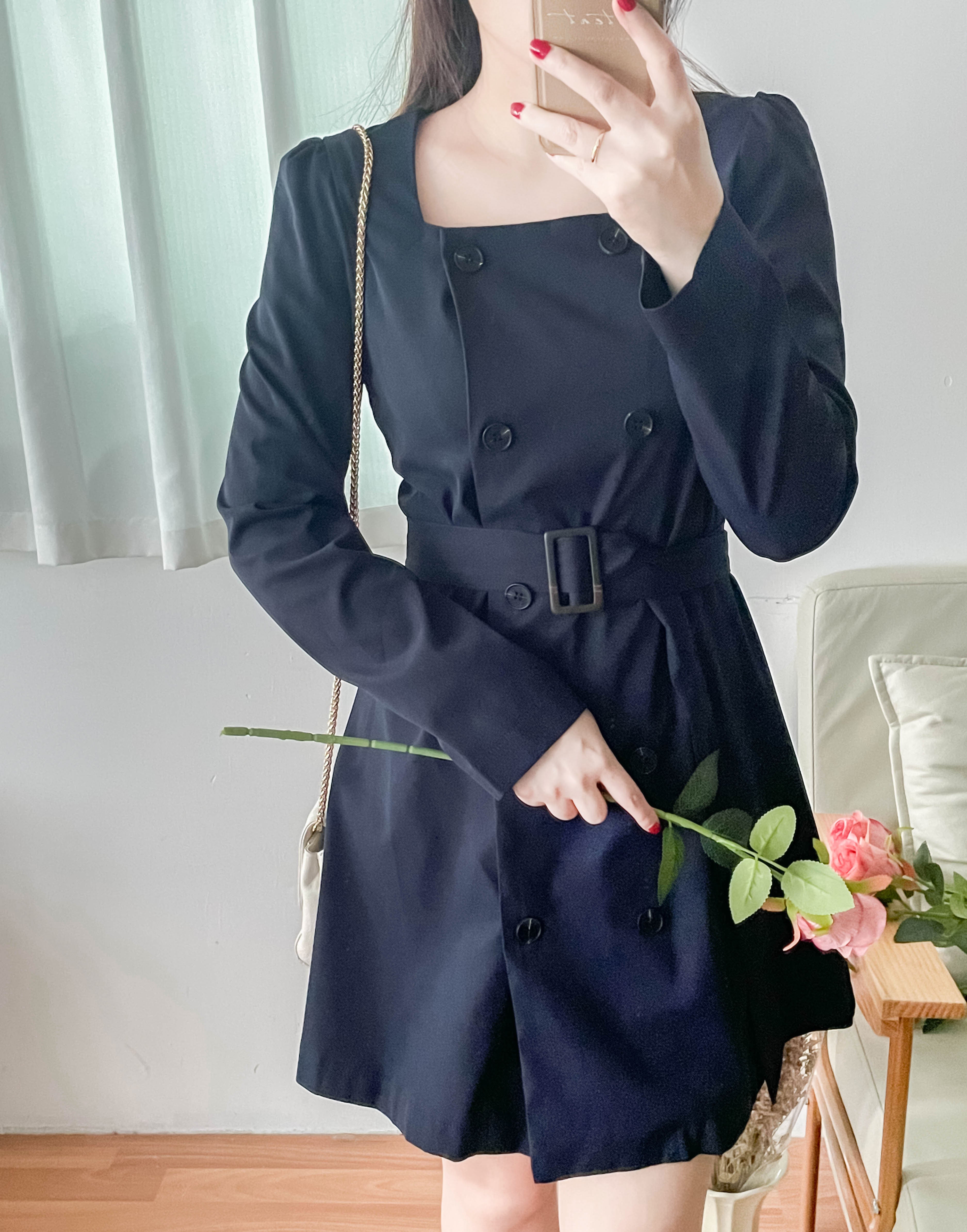 Trench 方領風衣雙排鈕雲石腰帶連身裙, Dress/ DS9333 （navy sold out)