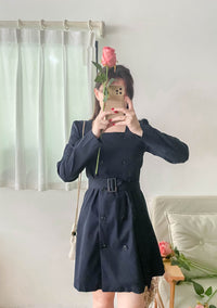 Trench 方領風衣雙排鈕雲石腰帶連身裙, Dress/ DS9333 （navy sold out)