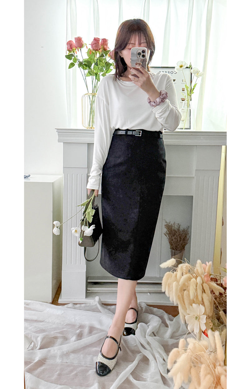 （附送腰帶) Belt Skirt 簡潔腰身偏厚棉後開叉直身裙/ SK8854