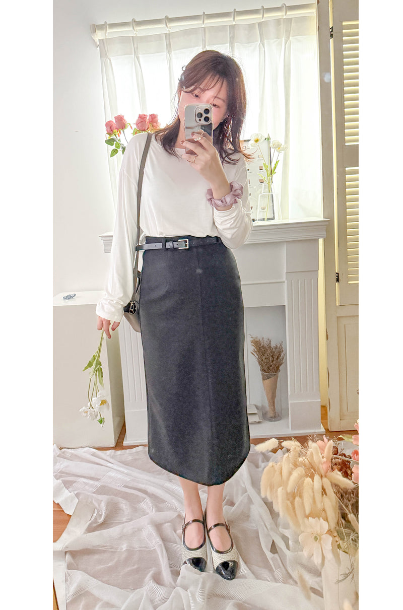 （附送腰帶) Belt Skirt 簡潔腰身偏厚棉後開叉直身裙/ SK8854
