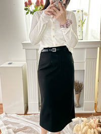（附送腰帶) Belt Skirt 簡潔腰身偏厚棉後開叉直身裙/ SK8854