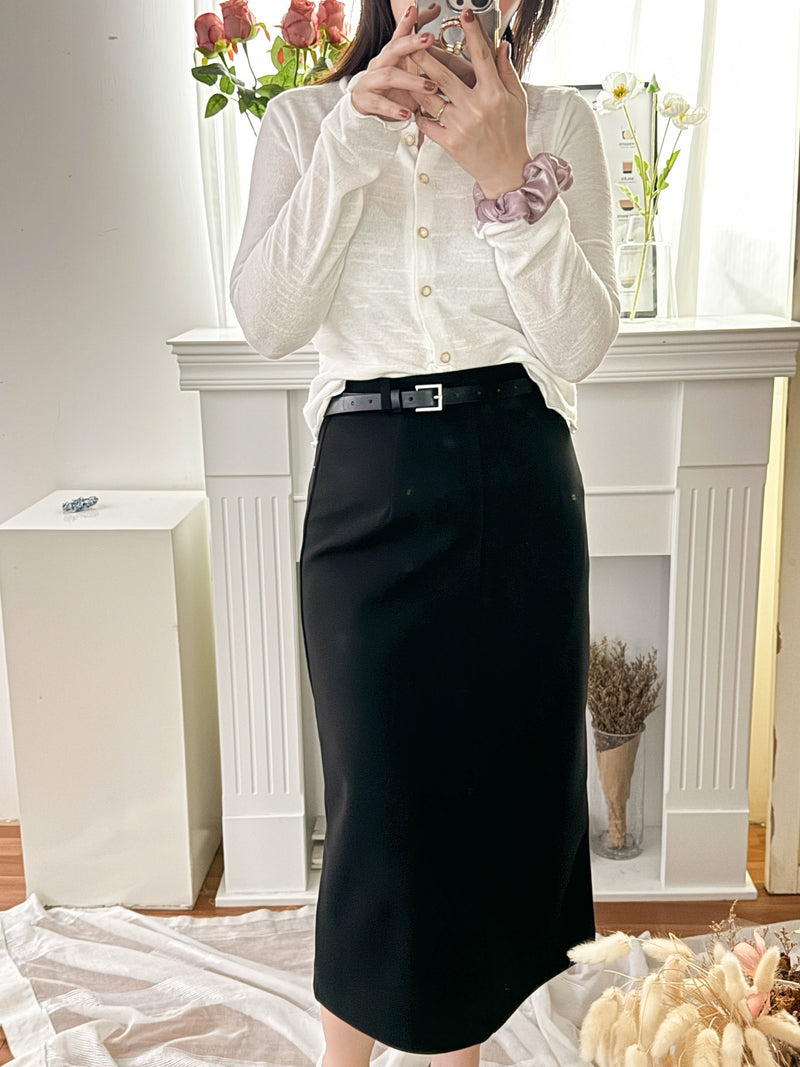 （附送腰帶) Belt Skirt 簡潔腰身偏厚棉後開叉直身裙/ SK8854