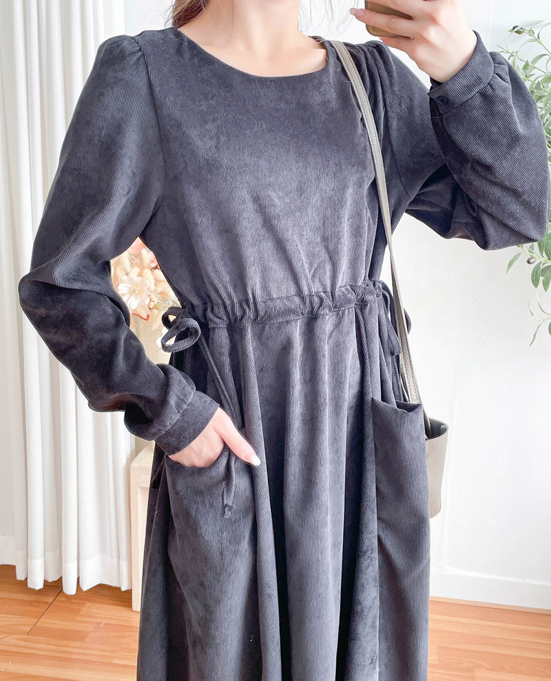 Charcoal Pocket Dress 左右修腰大口袋燈芯絨連身裙/ DS9784