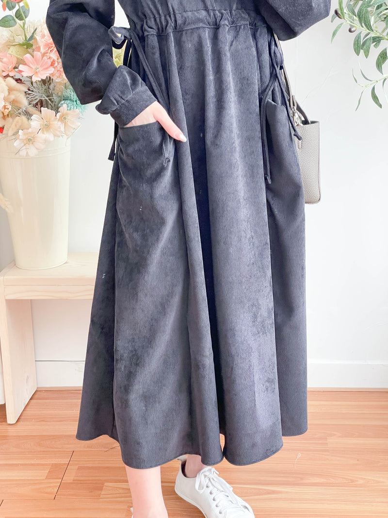 Charcoal Pocket Dress 左右修腰大口袋燈芯絨連身裙/ DS9784