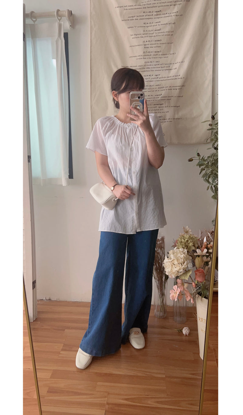（ Hollow Stripe 木耳邊衣領通花條紋布長上衣, Top/ BU9055