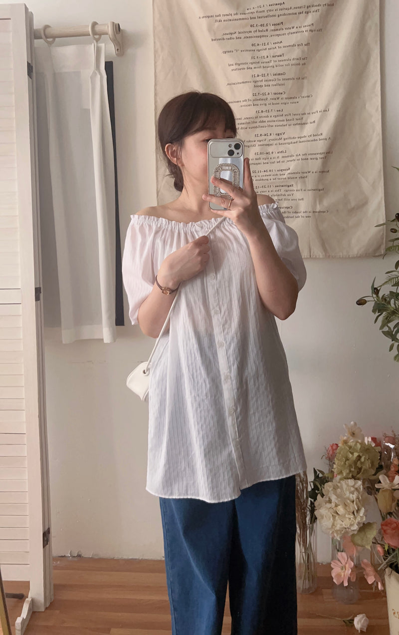 （ Hollow Stripe 木耳邊衣領通花條紋布長上衣, Top/ BU9055