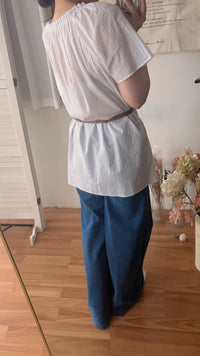 （ Hollow Stripe 木耳邊衣領通花條紋布長上衣, Top/ BU9055