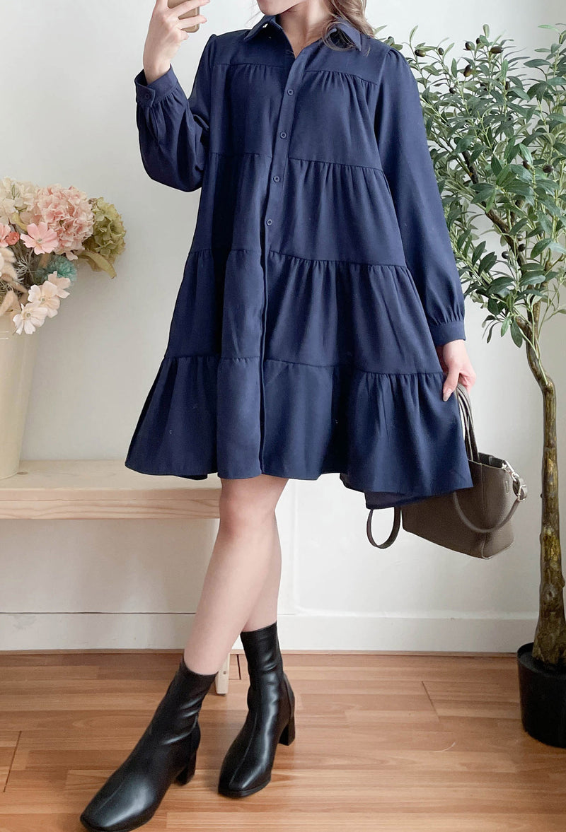 Navy Lady Doll Dress 深藍微絨寬鬆顯瘦A形連身裙/ DS9781