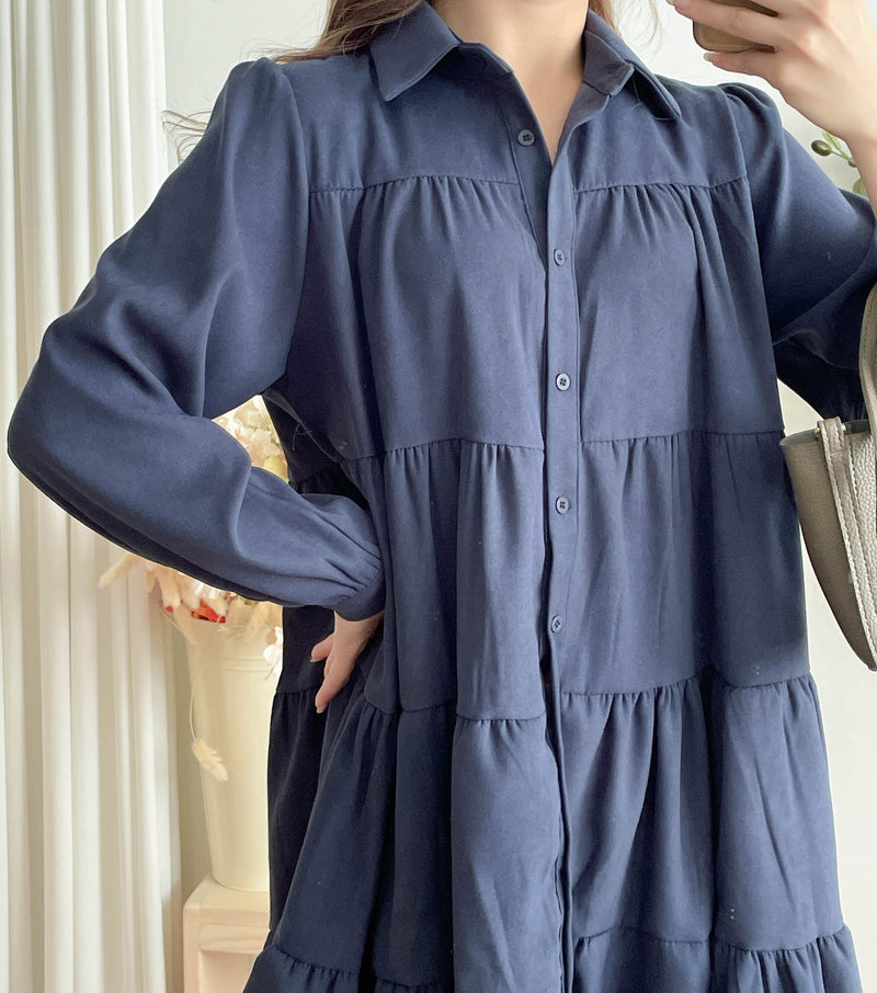 Navy Lady Doll Dress 深藍微絨寬鬆顯瘦A形連身裙/ DS9781