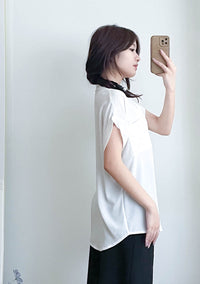 （設計感雪紡) Soft Shirt, Blouse 無領恤翻褶袖口雪紡上衣/ BU9056