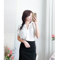 （設計感雪紡) Soft Shirt, Blouse 無領恤翻褶袖口雪紡上衣/ BU9056