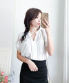 （設計感雪紡) Soft Shirt, Blouse 無領恤翻褶袖口雪紡上衣/ BU9056