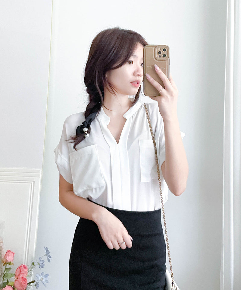 （設計感雪紡) Soft Shirt, Blouse 無領恤翻褶袖口雪紡上衣/ BU9056