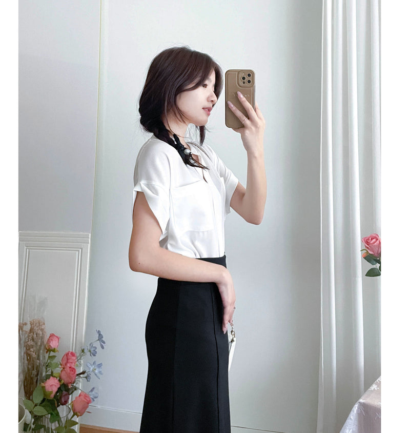 （設計感雪紡) Soft Shirt, Blouse 無領恤翻褶袖口雪紡上衣/ BU9056