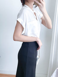（設計感雪紡) Soft Shirt, Blouse 無領恤翻褶袖口雪紡上衣/ BU9056
