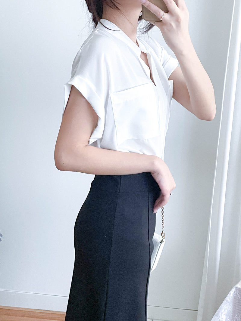 （設計感雪紡) Soft Shirt, Blouse 無領恤翻褶袖口雪紡上衣/ BU9056