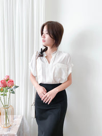 （設計感雪紡) Soft Shirt, Blouse 無領恤翻褶袖口雪紡上衣/ BU9056