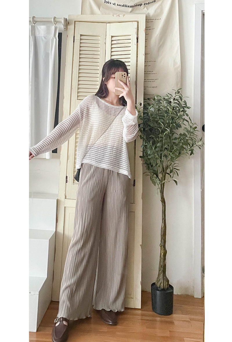 ( 獨特花邊褲腳) Beige 杏色花邊褲腳防皺闊腳褲, Pants/ PT8412