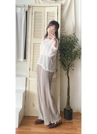 ( 獨特花邊褲腳) Beige 杏色花邊褲腳防皺闊腳褲, Pants/ PT8412
