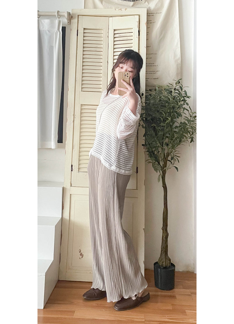 ( 獨特花邊褲腳) Beige 杏色花邊褲腳防皺闊腳褲, Pants/ PT8412