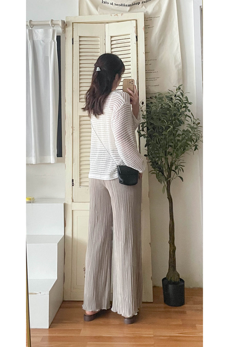 ( 獨特花邊褲腳) Beige 杏色花邊褲腳防皺闊腳褲, Pants/ PT8412