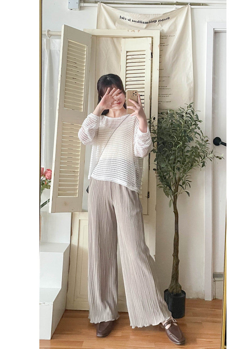 ( 獨特花邊褲腳) Beige 杏色花邊褲腳防皺闊腳褲, Pants/ PT8412