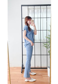 （設計感雪紡) Soft Shirt, Blouse 無領恤翻褶袖口雪紡上衣/ BU9056