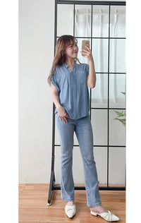 （設計感雪紡) Soft Shirt, Blouse 無領恤翻褶袖口雪紡上衣/ BU9056