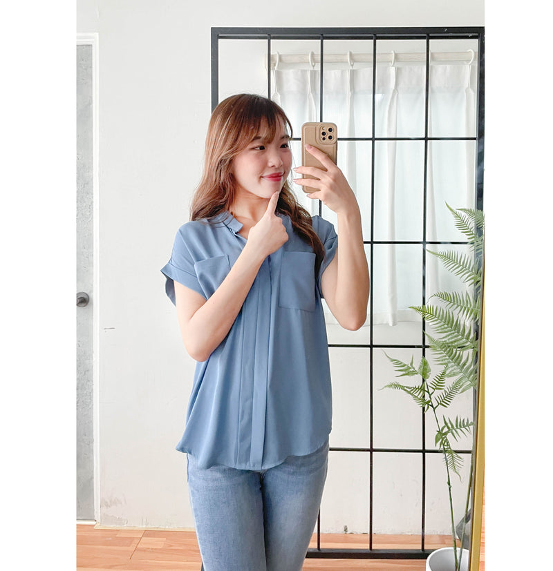 （設計感雪紡) Soft Shirt, Blouse 無領恤翻褶袖口雪紡上衣/ BU9056