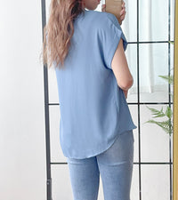 （設計感雪紡) Soft Shirt, Blouse 無領恤翻褶袖口雪紡上衣/ BU9056