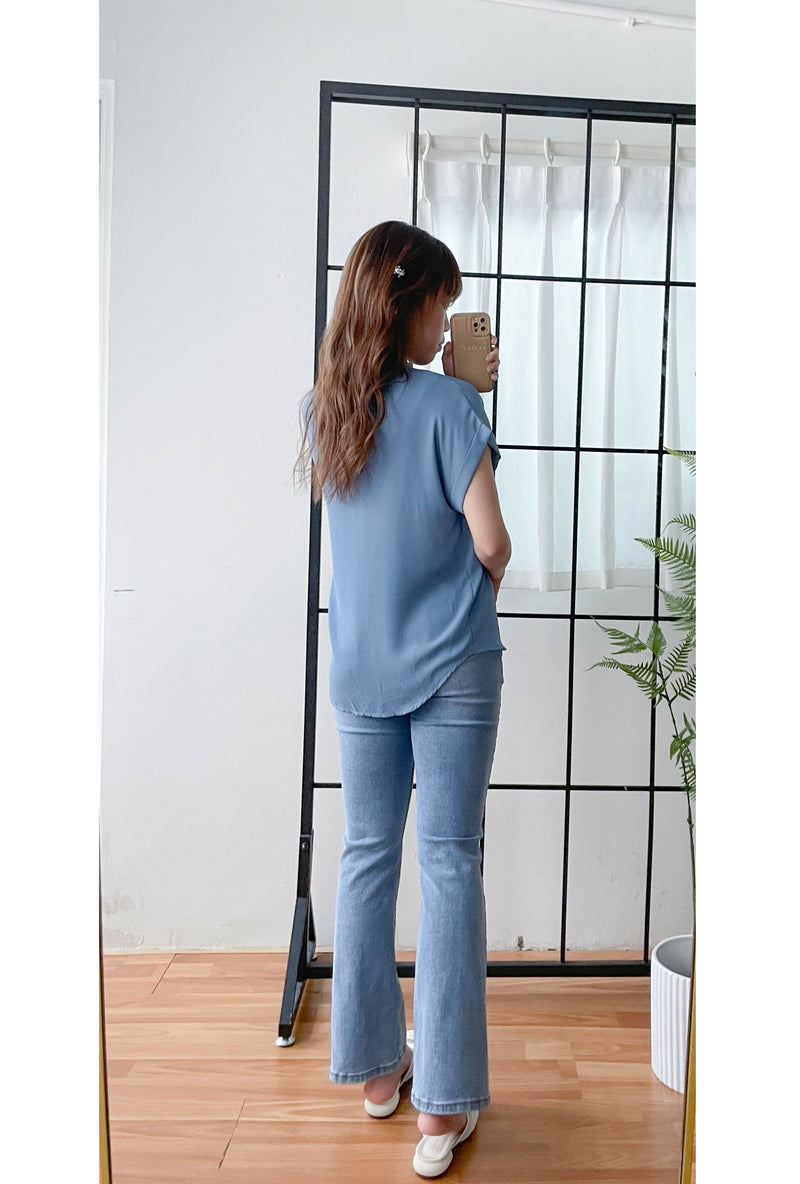（設計感雪紡) Soft Shirt, Blouse 無領恤翻褶袖口雪紡上衣/ BU9056