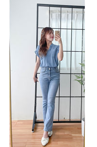 （設計感雪紡) Soft Shirt, Blouse 無領恤翻褶袖口雪紡上衣/ BU9056
