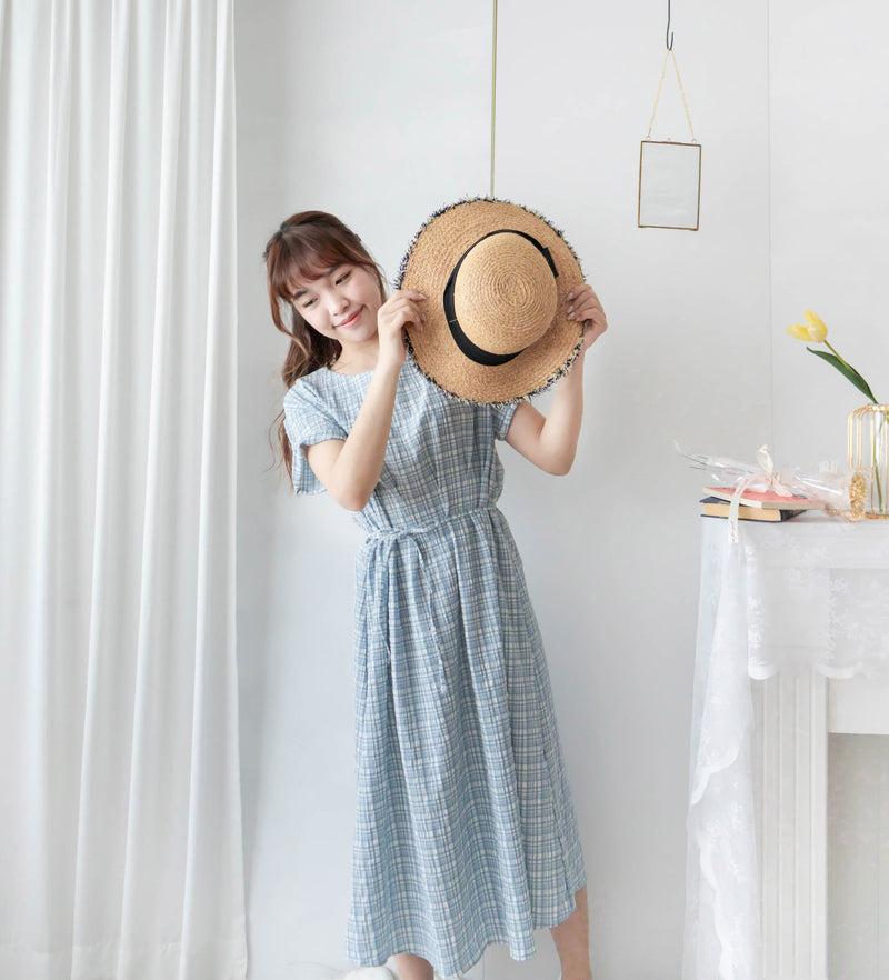 [ BEST ✈️自訂款 售完即止] Coco淺藍圓領車褶修腰綁帶連身裙, Dress/ DS9297