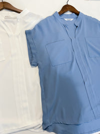 （設計感雪紡) Soft Shirt, Blouse 無領恤翻褶袖口雪紡上衣/ BU9056