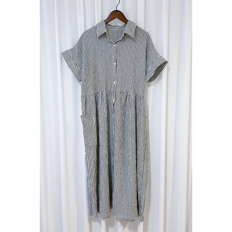 （寬鬆高腰線) Stripe Shirt, Dress 直紋高腰線防皺隨性口袋連身裙/ DS9626