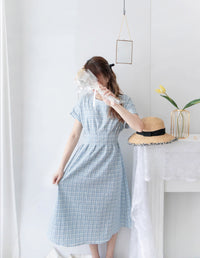 [ BEST ✈️自訂款 售完即止] Coco淺藍圓領車褶修腰綁帶連身裙, Dress/ DS9297