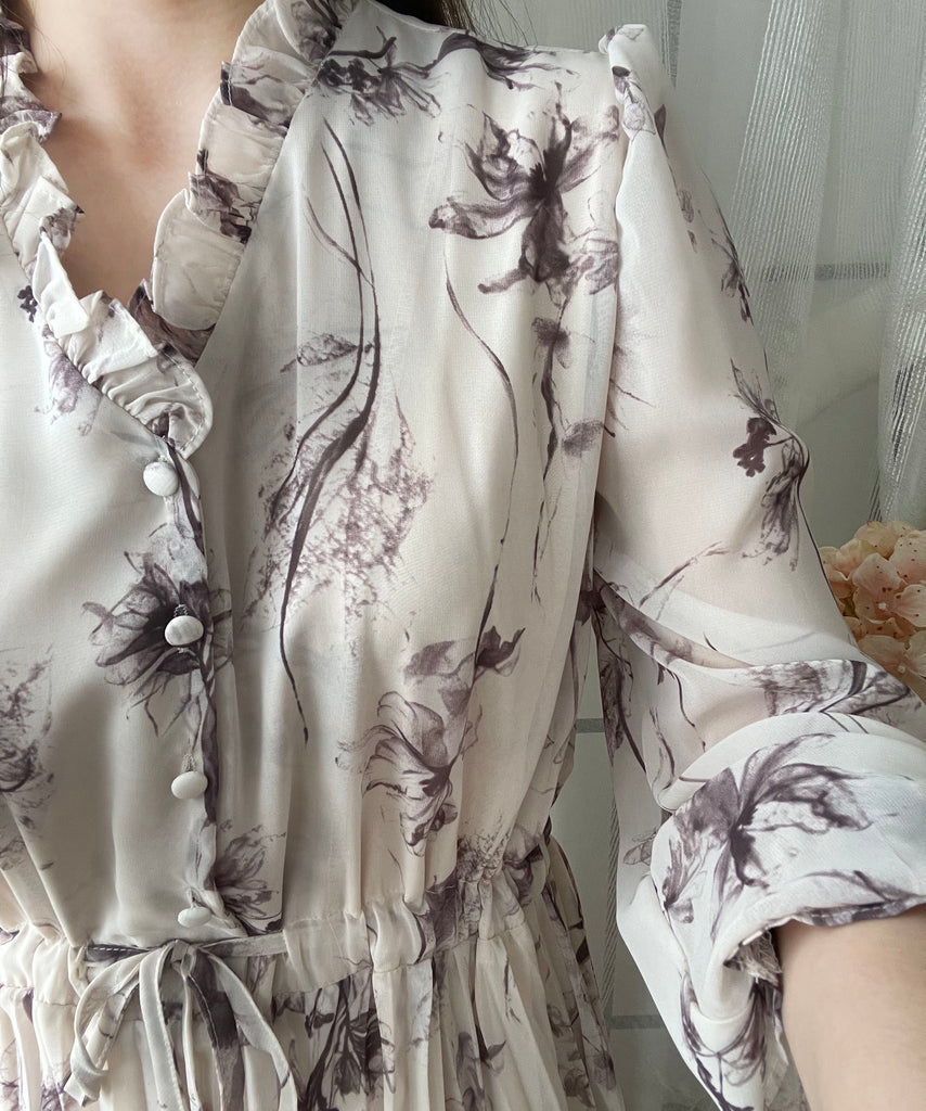 Shadow Chiffon 花邊領口影子印花百褶傘形運身裙, Dress/ DS9353