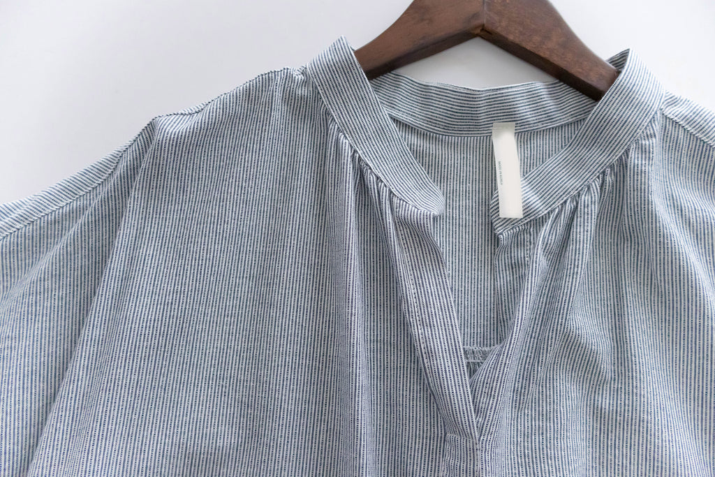 [ BEST ✈️ LIMITED RESTOCK!] Stripe Shirt 幾何無領恤衫暗直紋口袋綁帶長裙, Dress/ DS9296