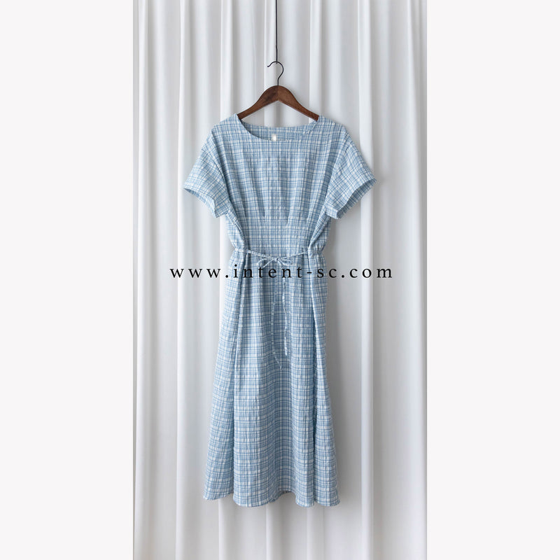 [ BEST ✈️自訂款 售完即止] Coco淺藍圓領車褶修腰綁帶連身裙, Dress/ DS9297