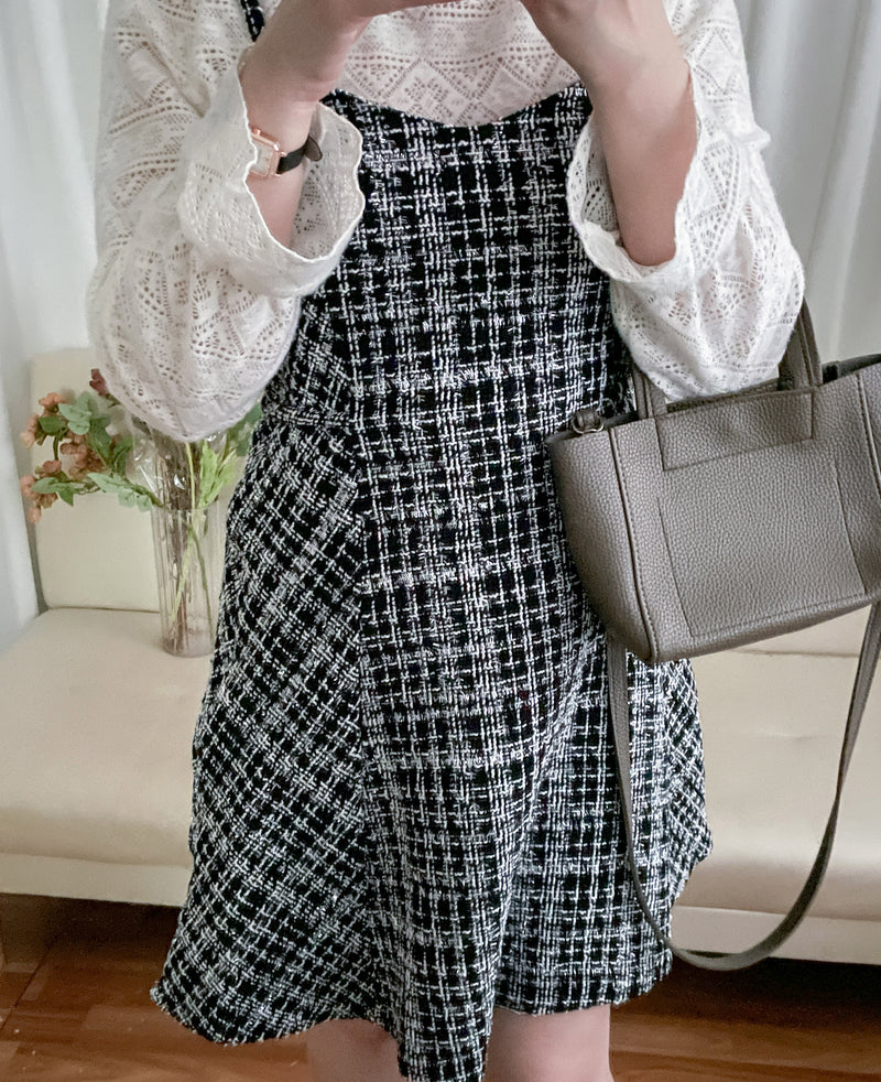 Tweed Dress 混閃十字線合身後橡筋膝上連身裙/ DS9788 (black sold out)