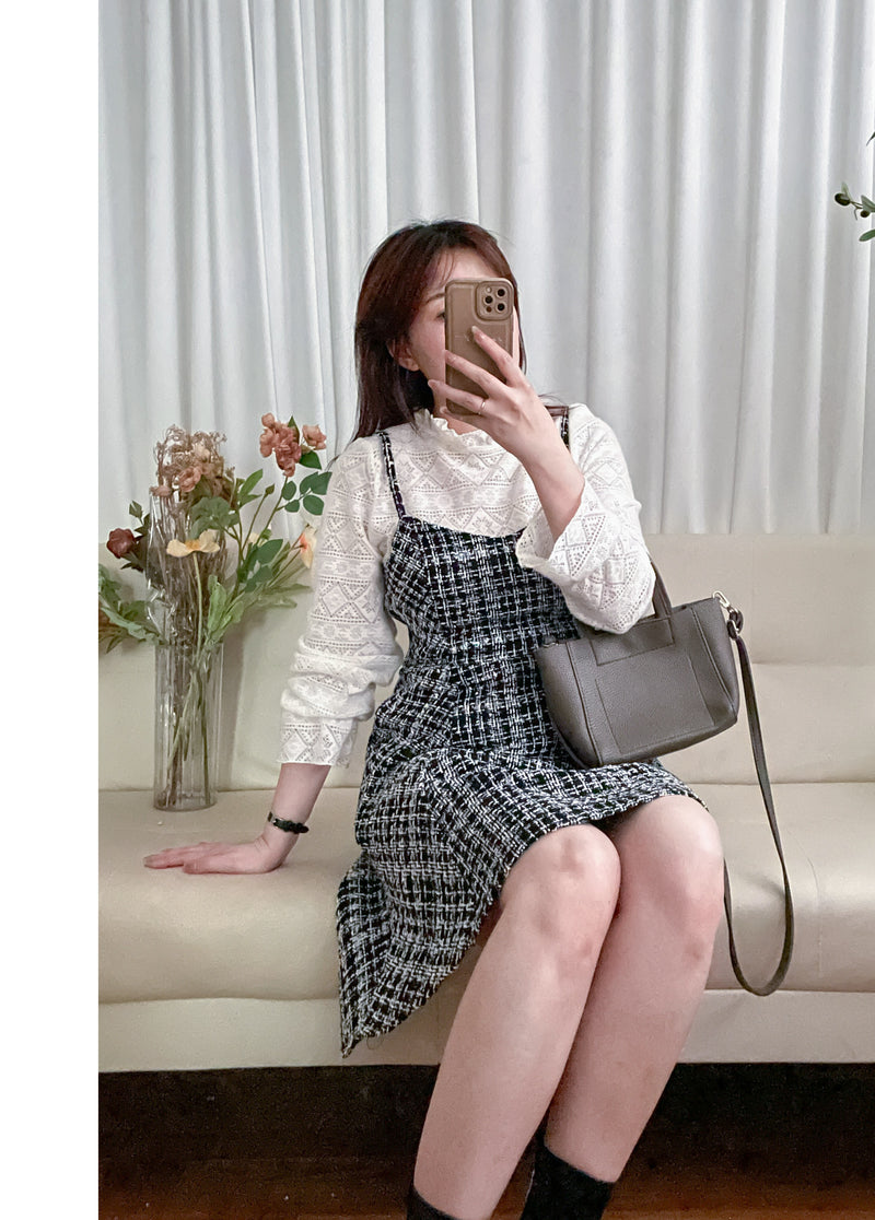 Tweed Dress 混閃十字線合身後橡筋膝上連身裙/ DS9788 (black sold out)